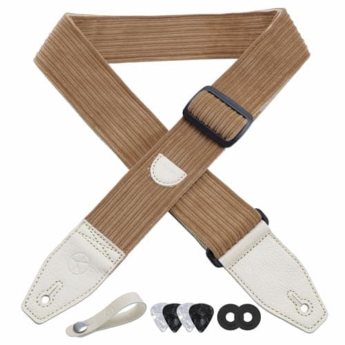 Floral Cotton Guitar Strap 2" Full Grain Leather Ends, Bass/Electric/Acoustic, Free Button & Picks — Light Camel