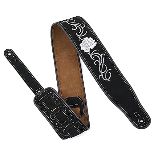 Amumu Black Suede Leather Flower Embroidered Guitar Strap
