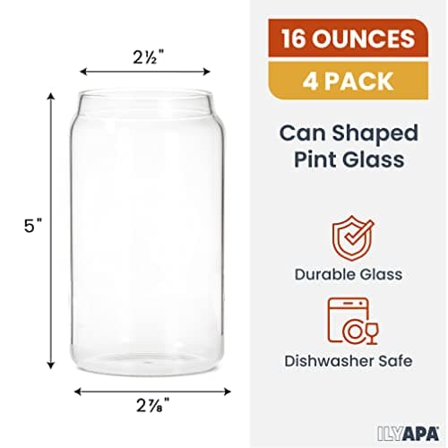 Ilyapa Can-Shaped 16oz Glass Tumbler Set of 4 for Coffee, Matcha, Smoothies, Juice & Beer
