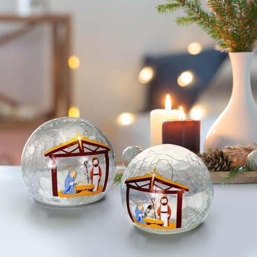 Nefelibata LED Nativity Glass Balls - Battery-Powered Christmas Table Decorations (2PC)