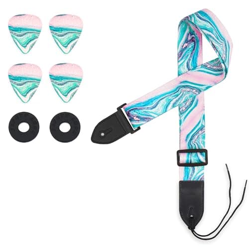 Lizimandu Adjustable Guitar Strap with 2 Locks & 4 Picks - Leather Ends - Suitable for Acoustic & Electric Guitars — 1-pink Green Splash Ink