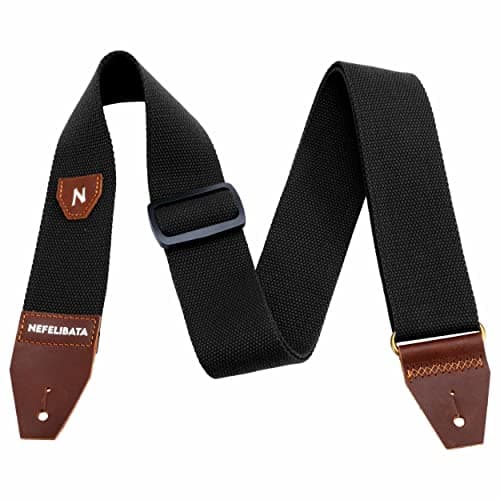 Nefelibata Guitar Strap with Pick Pocket, 100% Cotton and Leather End - Ideal for Guitarists and Kids — Carbon Black