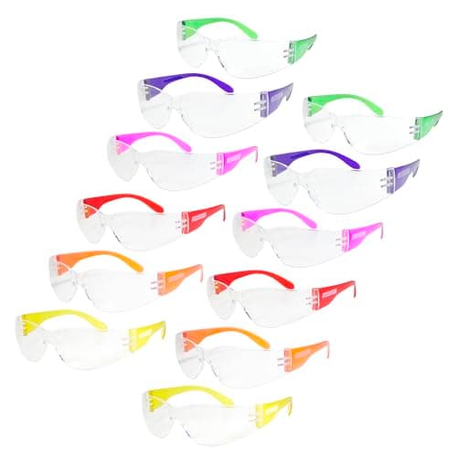 JORESTECH Polycarbonate Safety Glasses, Impact Resistant, Pack of 12 (Clear) — Pink, Red, Yellow, Orange, Purple, Green