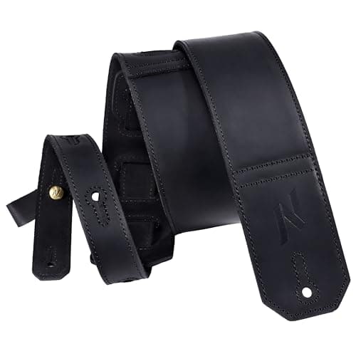 Wide Full Grain Leather Guitar Strap for Bass, Electric, and Acoustic Guitars (Yellow) — Black