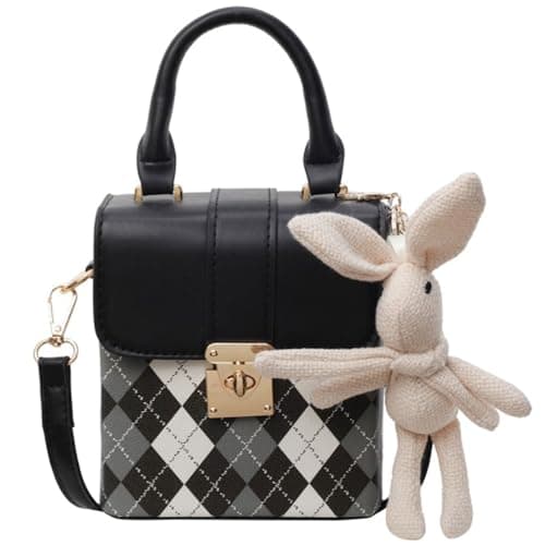 RTGGSEL Quilted Lattice Shoulder Bag for Women with Bunny Pendant — Black & Green Quilted