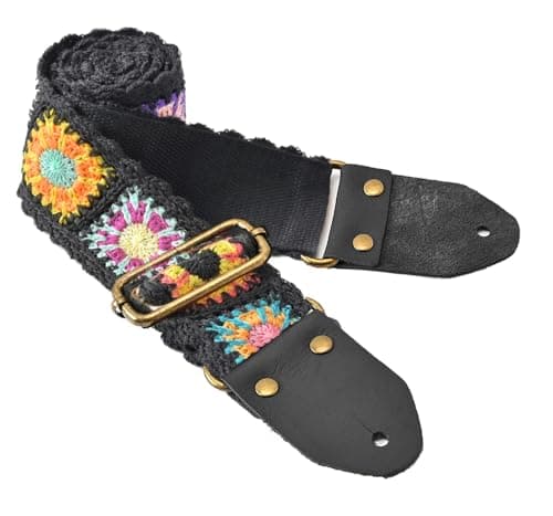 Vintage Embroidery Cotton Guitar Strap with Leather Ends — Crochet Flower-black2