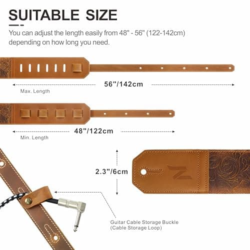 Nefelibata Full-Grain Leather Guitar Strap, 2.3" Wide, Soft Padded (Brown)