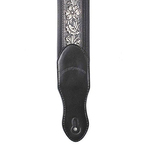 Walker and Williams KB-02-BLK Distressed Black Floral Skull Leather Guitar Strap