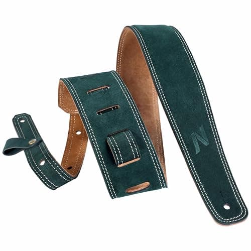Nefelibata Vintage Green Guitar Strap, 2.5" Wide Tumbled Leather with Padding and Cable Loop — Dark Green