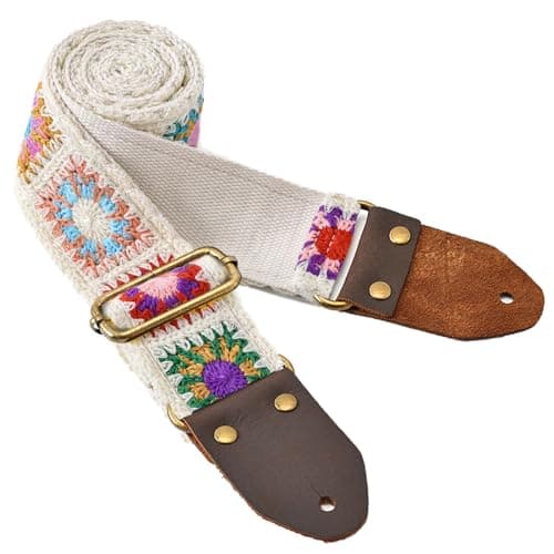 Crochet Flower Cotton Guitar & Bass Strap, Adjustable with Leather Ends