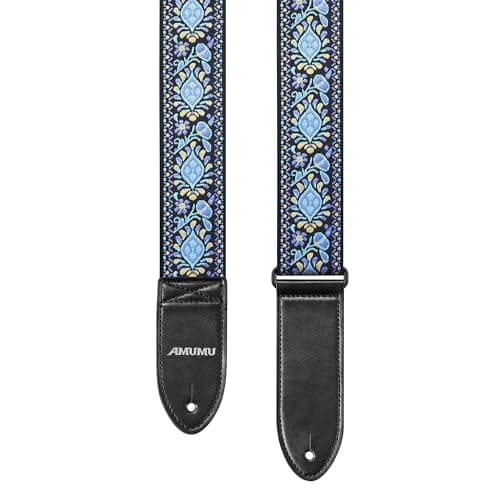 Amumu Red Flower Embroidery Guitar Strap for Acoustic, Electric & Bass - 2" Wide — Blue