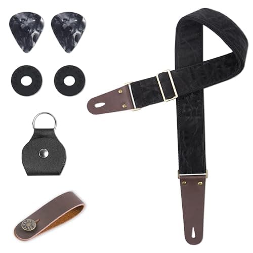 Hennaja Adjustable Guitar Strap with 2 Locks, 2 Picks & 1 Picks Holder — 1-silk Black
