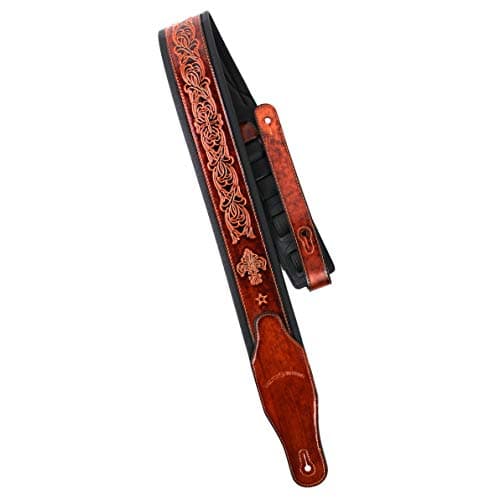 Walker And Williams Bourbon Brown Padded Guitar Strap with Fleur De Lis Design