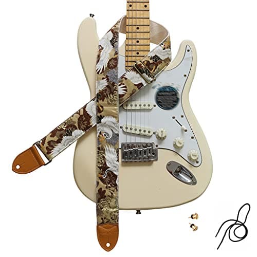 MUSIC FIRST Vintage Style Hand-Made Crochet Flowers Electric Guitar & Bass Strap, 2 Inch Width — Chrysanthemum & Crane in Tan