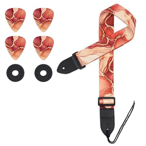 Lizimandu Adjustable Guitar Strap with 2 Locks & 4 Picks - Leather Ends - Suitable for Acoustic & Electric Guitars — 1-Orange SplashInk
