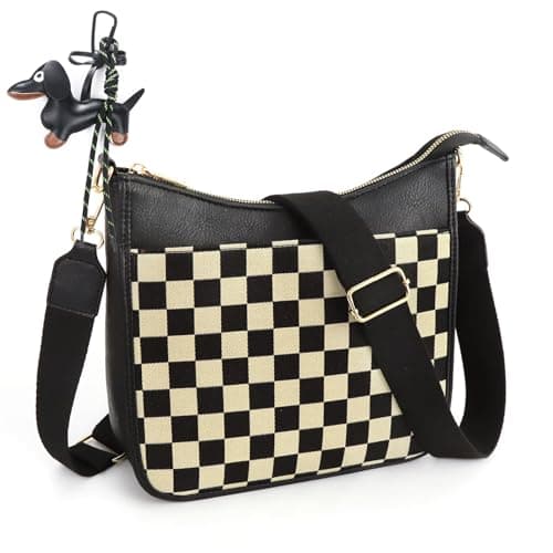 Sunbuti Women's Checkered Quilted Seam Vegan Leather Shoulder Bag with Embroilled Strap