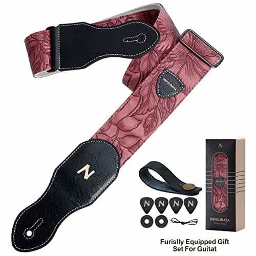 Nefelibata Guitar Strap with Pick Pocket, Vintage Style Vegan Leather, Red