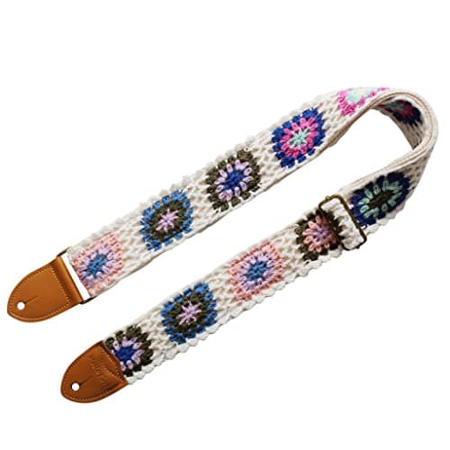 MUSIC FIRST Vintage Style Hand-Made Crochet Flowers Electric Guitar & Bass Strap, 2 Inch Width
