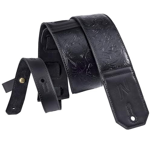 Wide Full Grain Leather Guitar Strap for Bass, Electric, and Acoustic Guitars (Yellow) — Morandi Grey Embossed