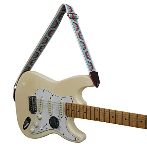 MUSIC FIRST Vintage Style Hand-Made Crochet Flowers Electric Guitar & Bass Strap, 2 Inch Width — Blue Butterfly