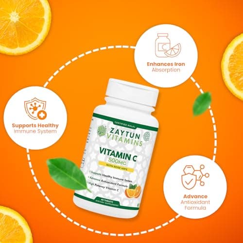 Halal Vitamin C 500mg Tablets Support Immune System, Natural Antioxidant - Vegan - Gluten-Free - 2 Months Supply