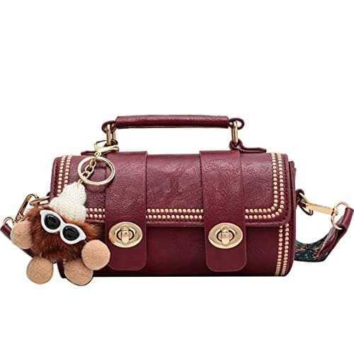 RTGGSEL Quilted Lattice Shoulder Bag for Women with Bunny Pendant — Wine Red