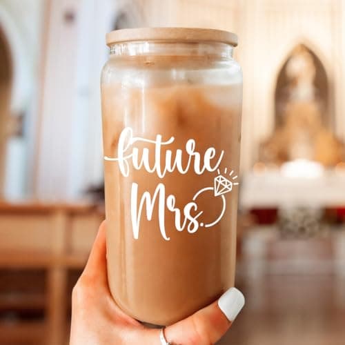 Future Mrs Glass Coffee Cup with Bamboo Lid and Straw - Bridal Shower Gift for Bride-to-be