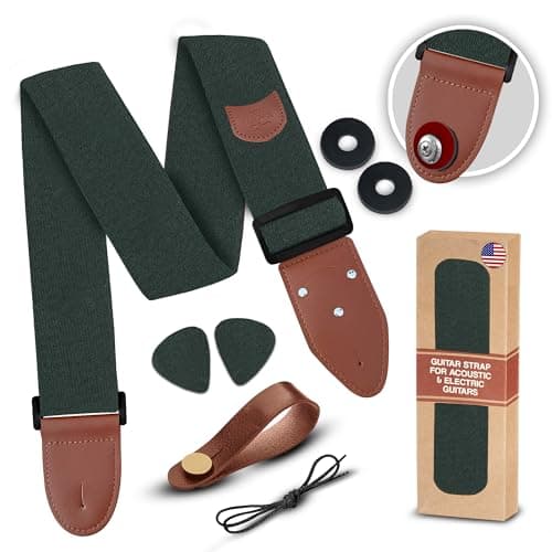 Adjustable Art Tribute Guitar Strap with Security Locks and Unique Picks — A Dark Green