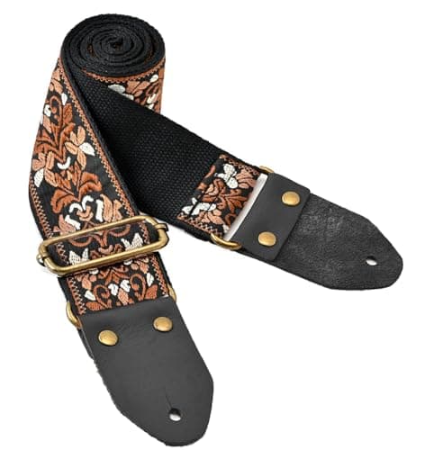 Vintage Embroidery Cotton Guitar Strap with Leather Ends
