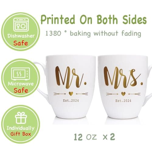 Mr & Mrs Coffee Mugs Set, Gold Foil Design Wedding Gifts for Bride Groom Couples