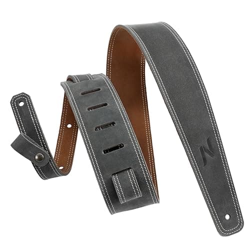 Nefelibata Vintage Green Guitar Strap, 2.5" Wide Tumbled Leather with Padding and Cable Loop — Vintage Grey