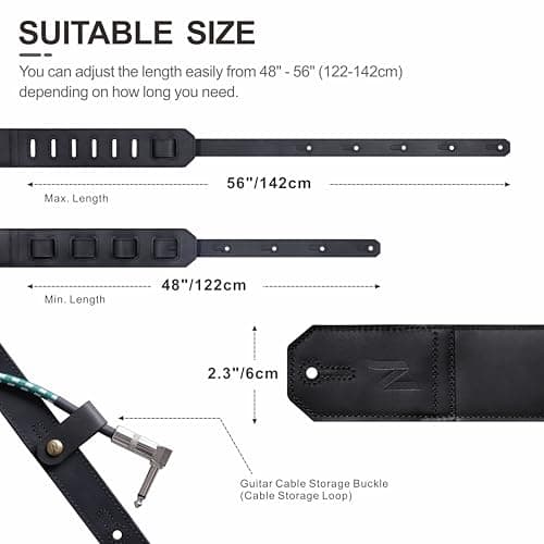 Guitar Strap for Bass, Electric and Acoustic Guitars - Wide Leather Strap (Black)