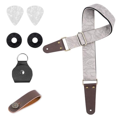 Adjustable Guitar Strap with 2 Locks, 2 Picks, Pick Holder & Leather Button — 1-carved Grey