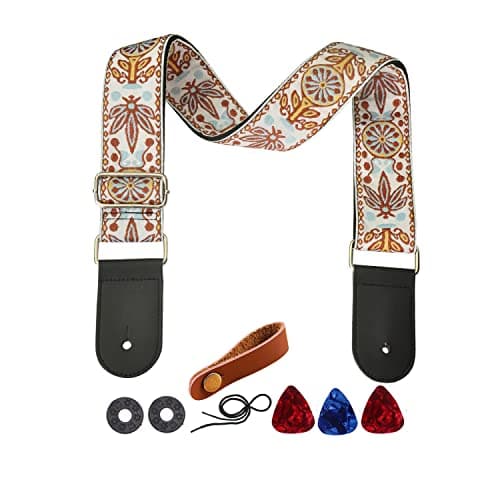 Yellow Flower Jacquard Weave Acoustic Bass Guitar Strap with 2 Locks + 3 Picks — Brown Orange