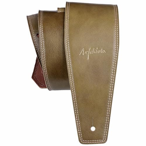 Nefelibata Full Grain Leather Guitar Strap, 49-57", Foam Padded, Adjustable, Coffee — Olive Green