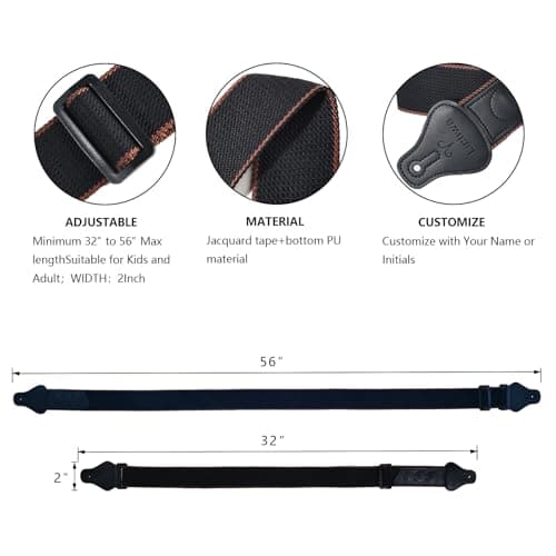 Personalized Dark Black Guitar Strap with Initial and Name Engraving