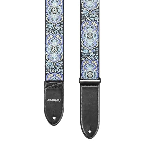Amumu Red Flower Embroidery Guitar Strap for Acoustic, Electric & Bass - 2" Wide — Light Blue