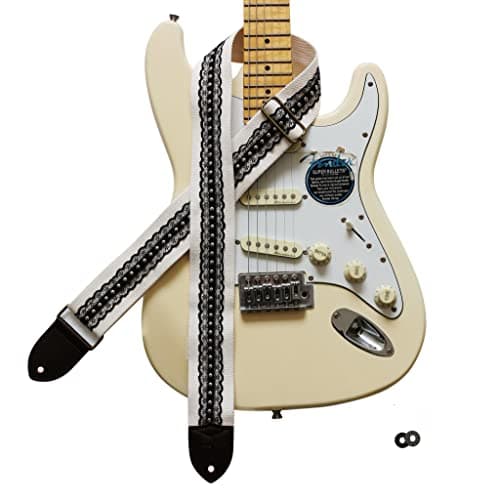 MUSIC FIRST Vintage Style Hand-Made Crochet Flowers Electric Guitar & Bass Strap, 2 Inch Width — Black Lace With Metal Rivets