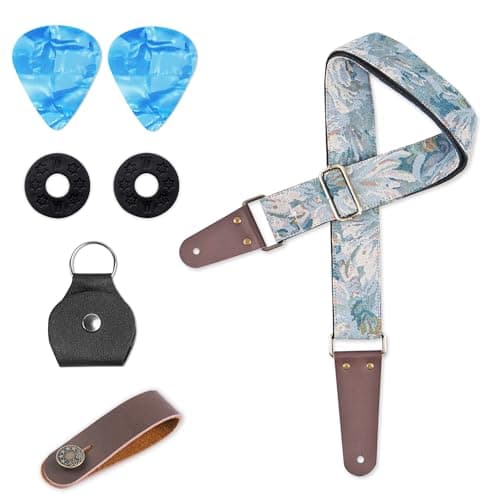 Lizimandu Adjustable Guitar Strap with 2 Locks & 4 Picks - Leather Ends - Suitable for Acoustic & Electric Guitars — 1-Jacquard Blue