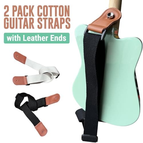 2 Pack Kids Guitar Strap - White + Black with Leather Ends - Perfect for Mini Guitars & Ukuleles - Extends to 39"