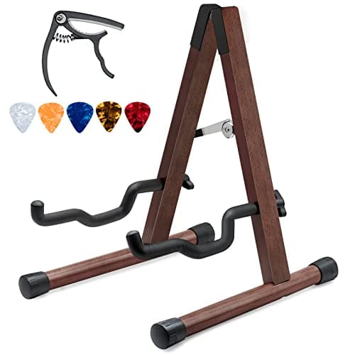 Wooden Acoustic Guitar Stand with Free Picks and Capo, A-Frame Folding Stand for Various Instruments