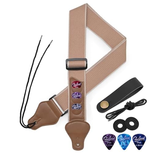 BestSounds Guitar Strap with Leather Head & Pick Holder Pockets — Khaki