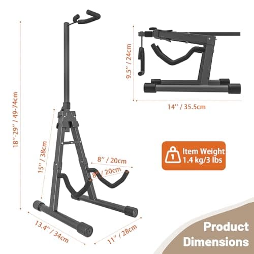 GLEAM A-Shape Guitar Stand with Neck Holder, Black - For Multiple Users