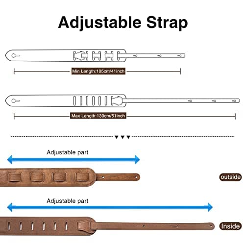 LEKATO Electric & Bass Guitar Strap 2.5" Wide Padded Brown Leather Adjust to 41-51"