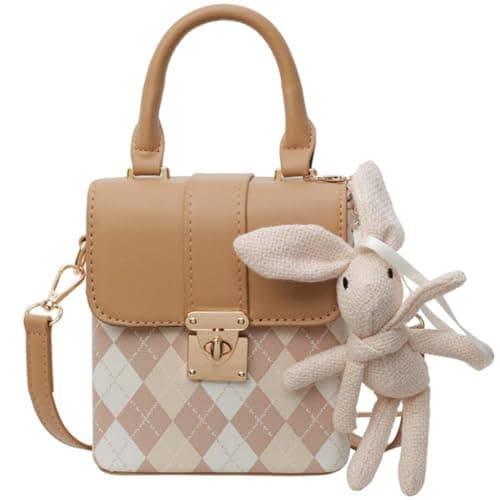 RTGGSEL Quilted Lattice Shoulder Bag for Women with Bunny Pendant — Khaki Quilted