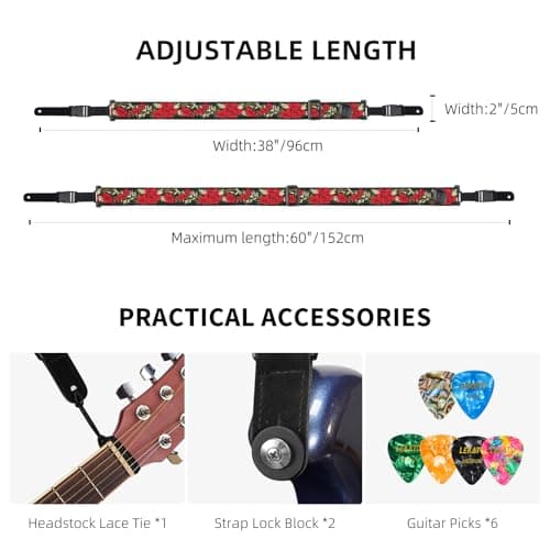 LEKATO Rose Embroidered Floral Bass Strap with Pick Holder (Red)