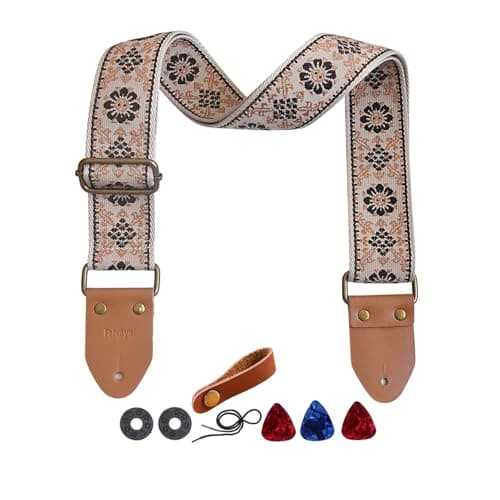 Yellow Flower Jacquard Weave Acoustic Bass Guitar Strap with 2 Locks + 3 Picks — Black+yellow