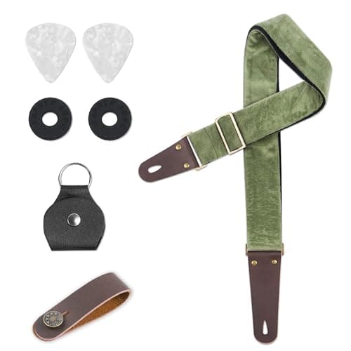 QIELIZI Adjustable Guitar Strap with 2 Locks, 2 Picks, Pick Holder & Leather Button — 1-velvet Green