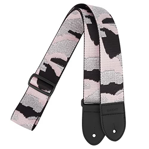 Bakko Camo Guitar Strap: Nylon Woven with Leather Ends — Pink