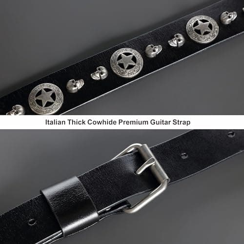 Premium Vegetable Tanned Cowhide Guitar Strap, Handmade for Electric Guitar and Bass (1.5 Inch Wide, Skull Pentagram)